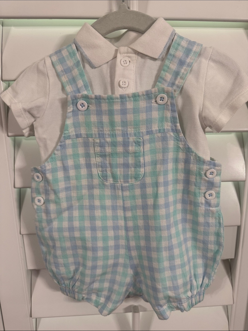 Little Me Pastel Blue and Mint Gingham Shortalls with White Polo